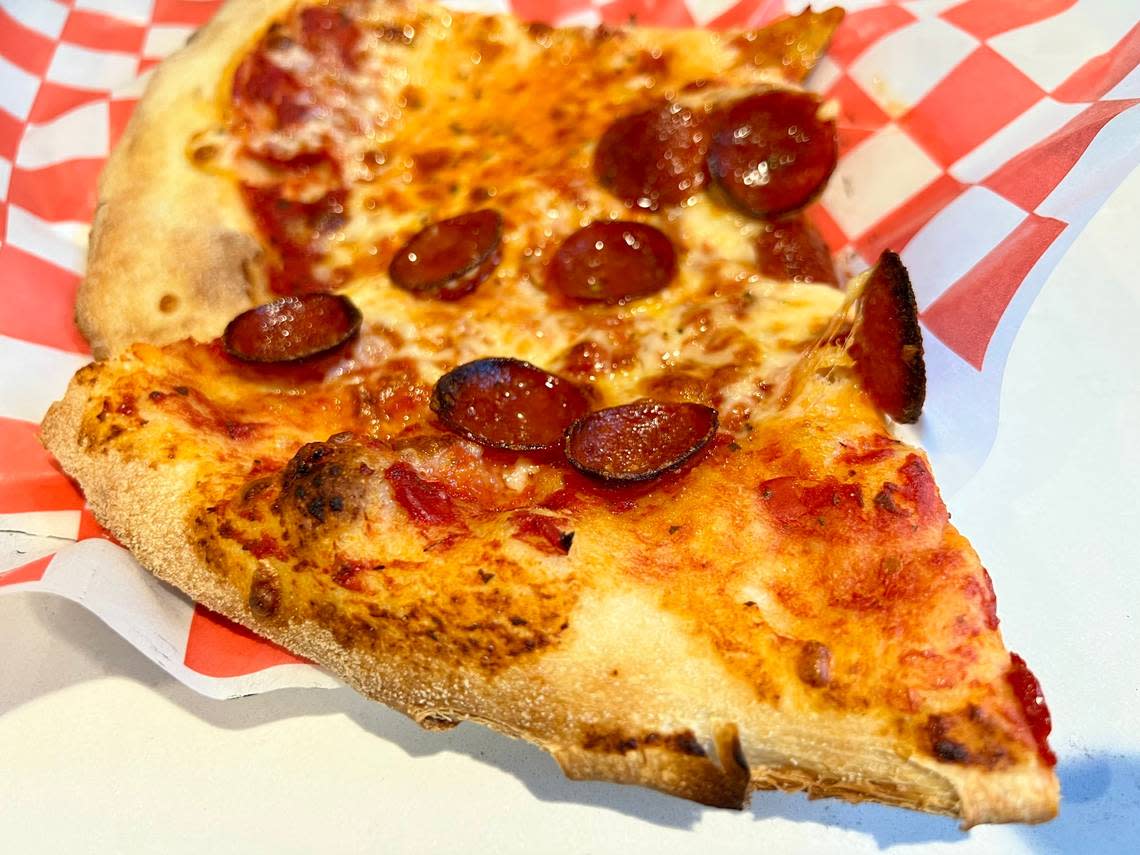 Pepperoni and cheese pizzas by the slice at the pizza shop at Tannahill’s.