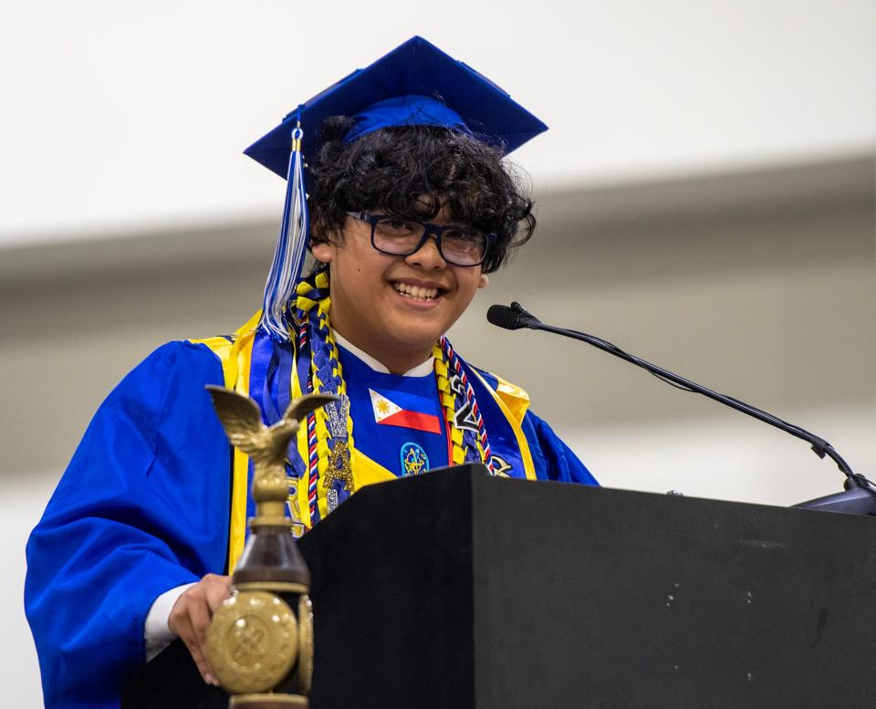 WORCESTER - Worcester Technical High School valedictorian Alijandro Mendoza speaks during graduation exercises at the DCU Center Tuesday.