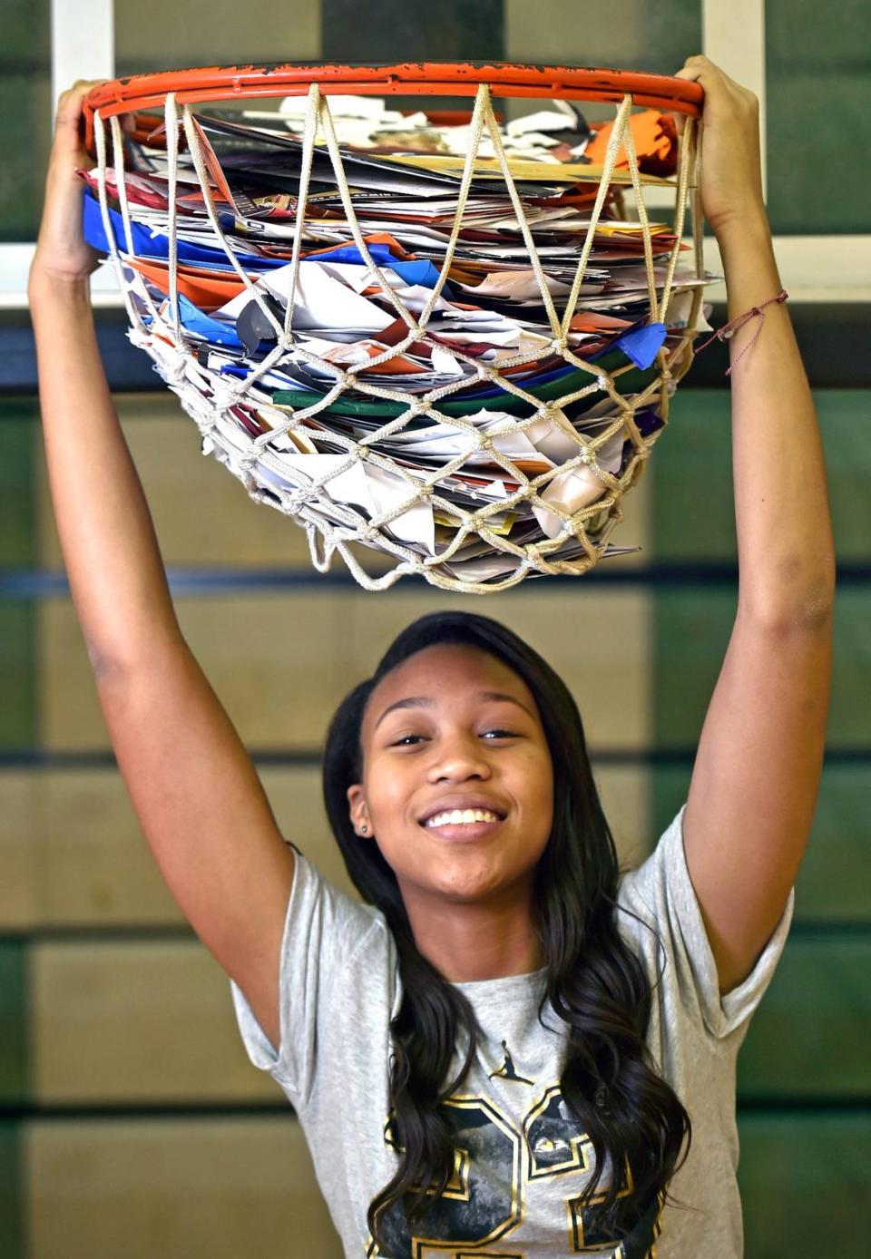 LaDazhia Williams, 16, in her junior year on the Lakewood Ranch girls basketball team is receiving recruiting letters by the dozens. One day she got 33 recruiting letters in her mailbox. (September 23, 2015; STAFF PHOTO / THOMAS BENDER) Manatee County East Bradenton Braden River Football