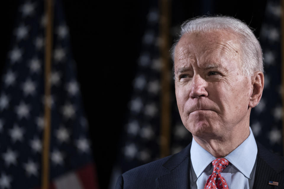 Democratic presidential candidate former Vice President Joe Biden delivers remarks about the coronavirus outbreak at the Hotel Du Pont on March 12 in Wilmington, Delaware. (Photo: Drew Angerer via Getty Images)