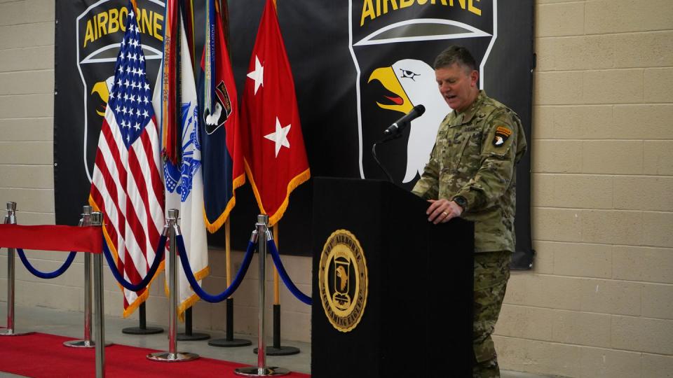 U.S. Army Maj. Gen. JP McGee gives a speech during the grand opening ceremony for the EagleWerx Applied Tactical Innovation Center at Fort Campbell, Kentucky, in December 2021. (Staff Sgt. Sinthia Rosario/101st Airborne Division Public Affairs)