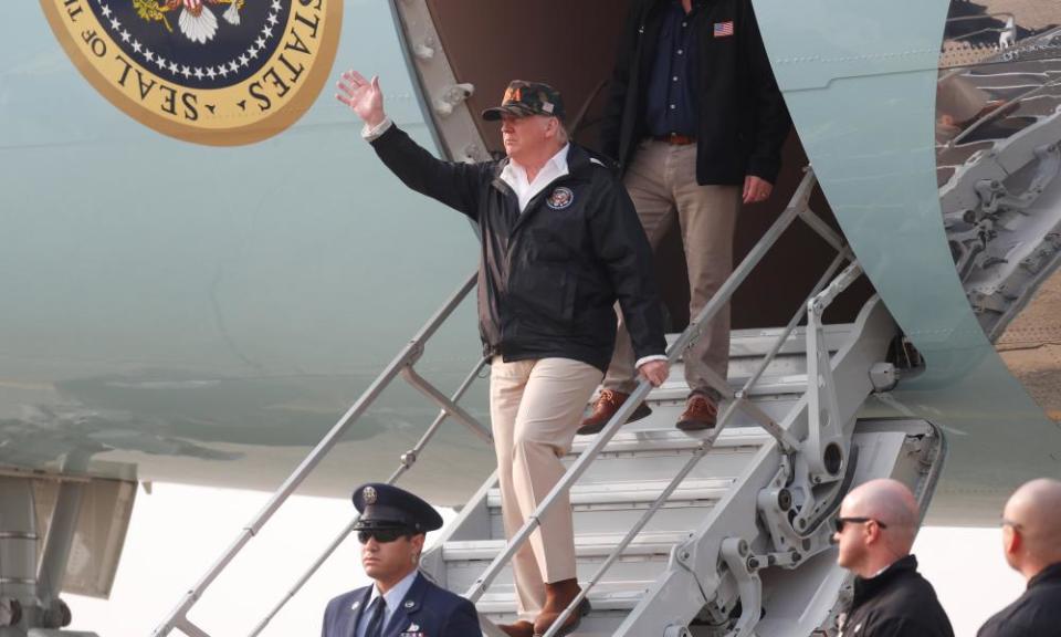 Donald Trump arrives at Beale air force base in California on Saturday.