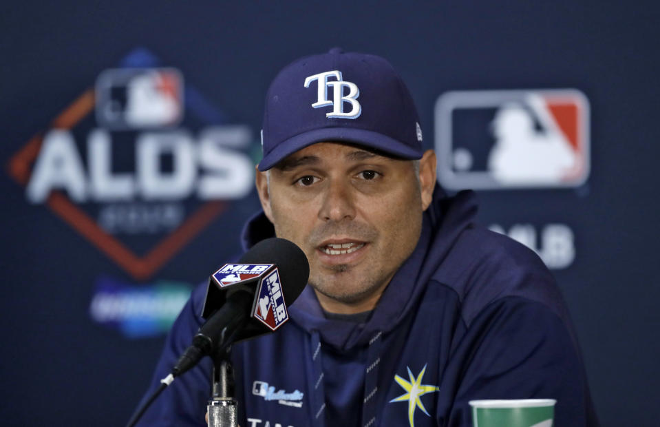 Tampa Bay Rays manager Kevin Cash answers a question during a news conference Sunday, Oct. 6, 2019, in St. Petersburg, Fla. The Rays take on the Houston Astros in Game 3 of a baseball American League Division Series on Monday. (AP Photo/Chris O'Meara)