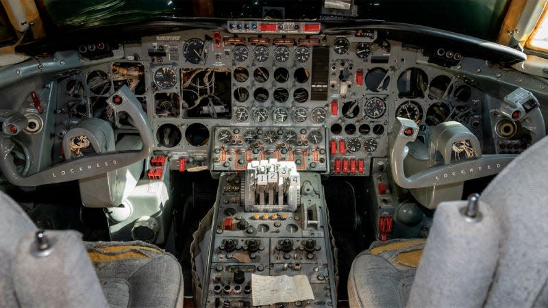 A photo of the cockpit in Elvis Presley's old plane. 