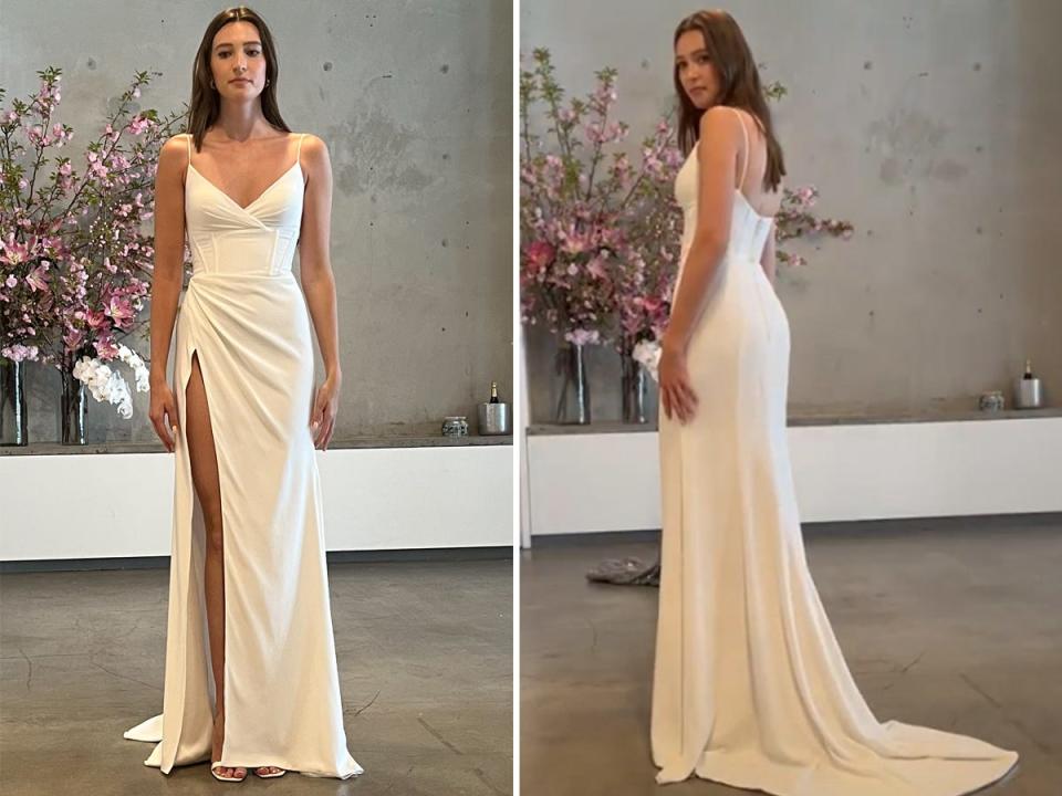 A front-and-back shot of a wedding dress with a high slit.