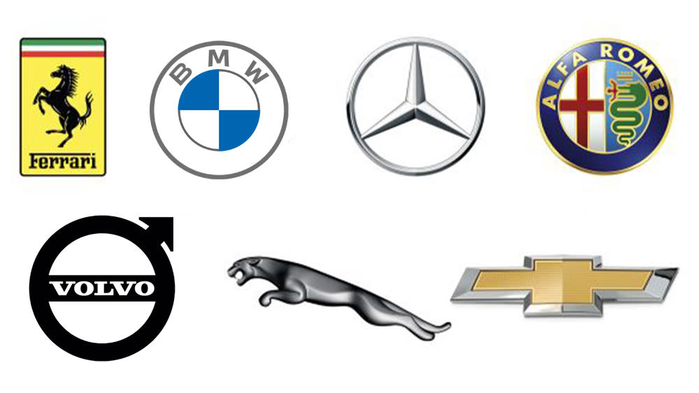  Seven of the best car logos on a white background. 