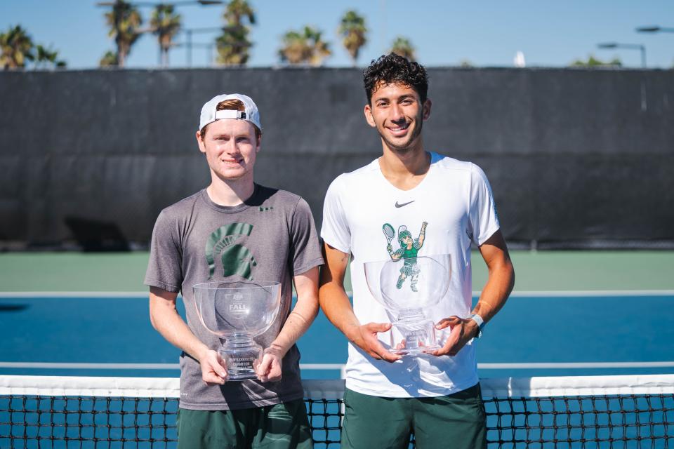 The Michigan State duo of Max Sheldon (left) and Ozan Baris won the first national title in MSU history by winning the ITA Fall National Championships doubles title Sunday in San Diego, California.