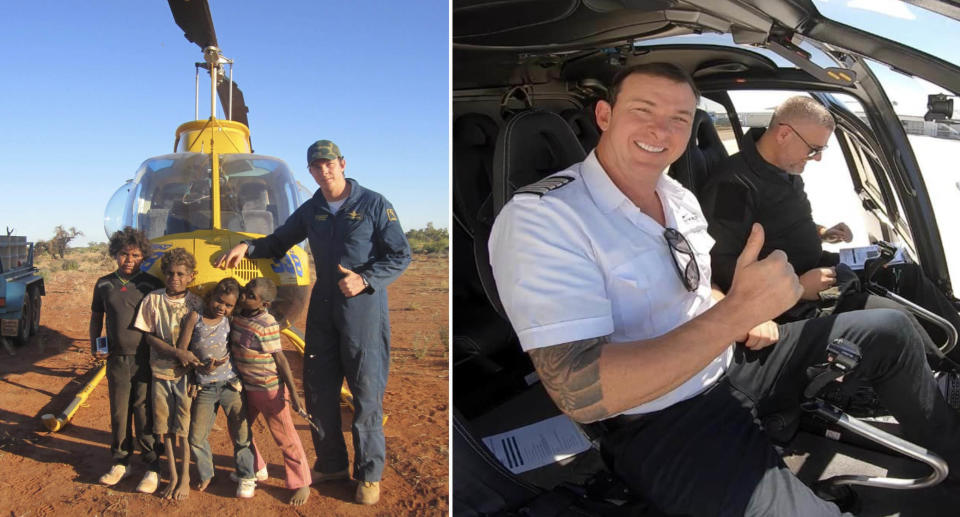 Ashley Jenkinson with some children in front of a helicopter (left) and Mr Jeninson in the helicopter with another man.