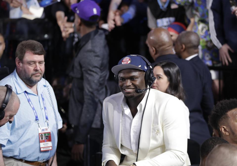 Duke's Zion Williamson smiles during an interview after being selected by the New Orleans Pelicans as the No. 1 pick overall during the NBA basketball draft Thursday, June 20, 2019, in New York. (AP Photo/Julio Cortez)