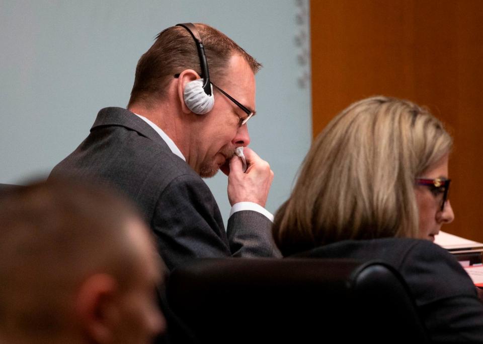 PHOTO: James Crumbley, father of Oxford High School shooter Ethan Crumbley, reacts to testimony on the first day of his trial on four counts of involuntary manslaughter, on March 7, 2024, at Oakland County Circuit Court in Pontiac, Mich. (Bill Pugliano/Getty Images)