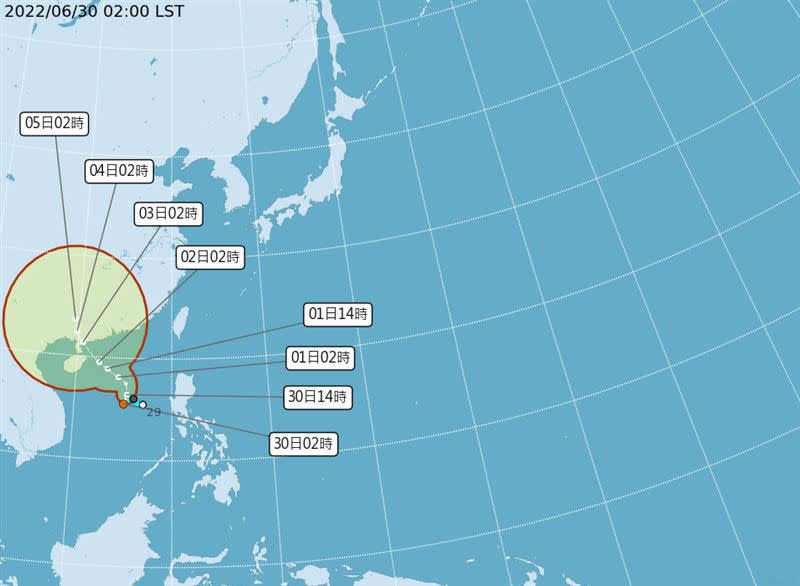 芙蓉颱風將在今日生成，氣象局預估路徑。（圖／中央氣象局）