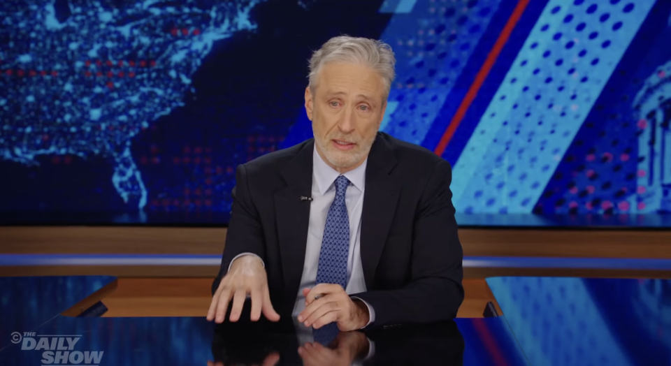 Closeup of Jon Stewart on "The Daily Show"