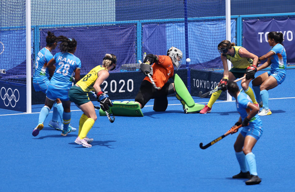 TOKYO, JAPAN - AUGUST 02: Gurjit Kaur of Team India scores the first goal during the Women's Quarterfinal match between Australia and India on day ten of the Tokyo 2020 Olympic Games at Oi Hockey Stadium on August 02, 2021 in Tokyo, Japan. (Photo by Buda Mendes/Getty Images)