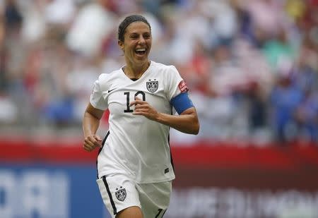 Jul 5, 2015; Vancouver, British Columbia, CAN; United States midfielder Carli Lloyd (10) celebrates after scoring against Japan during the first half of the final of the FIFA 2015 Women's World Cup at BC Place Stadium. Michael Chow-USA TODAY Sports -