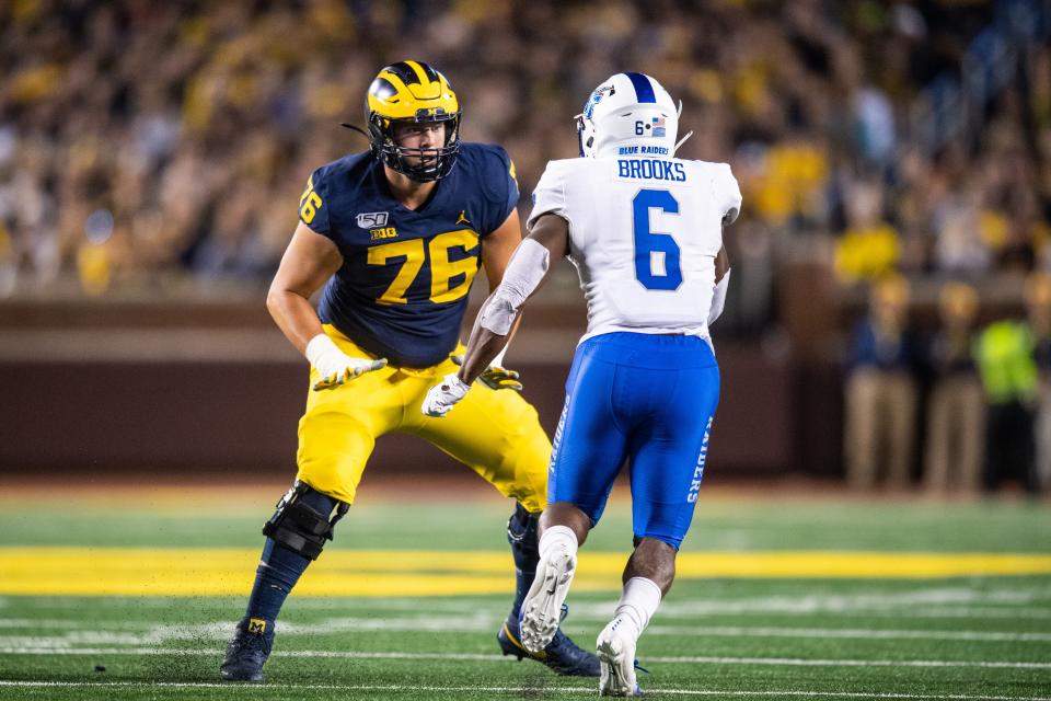 Michigan offensive lineman Ryan Hayes plays against Middle Tennessee State on Aug. 31, 2019, at Michigan Stadium in Ann Arbor.