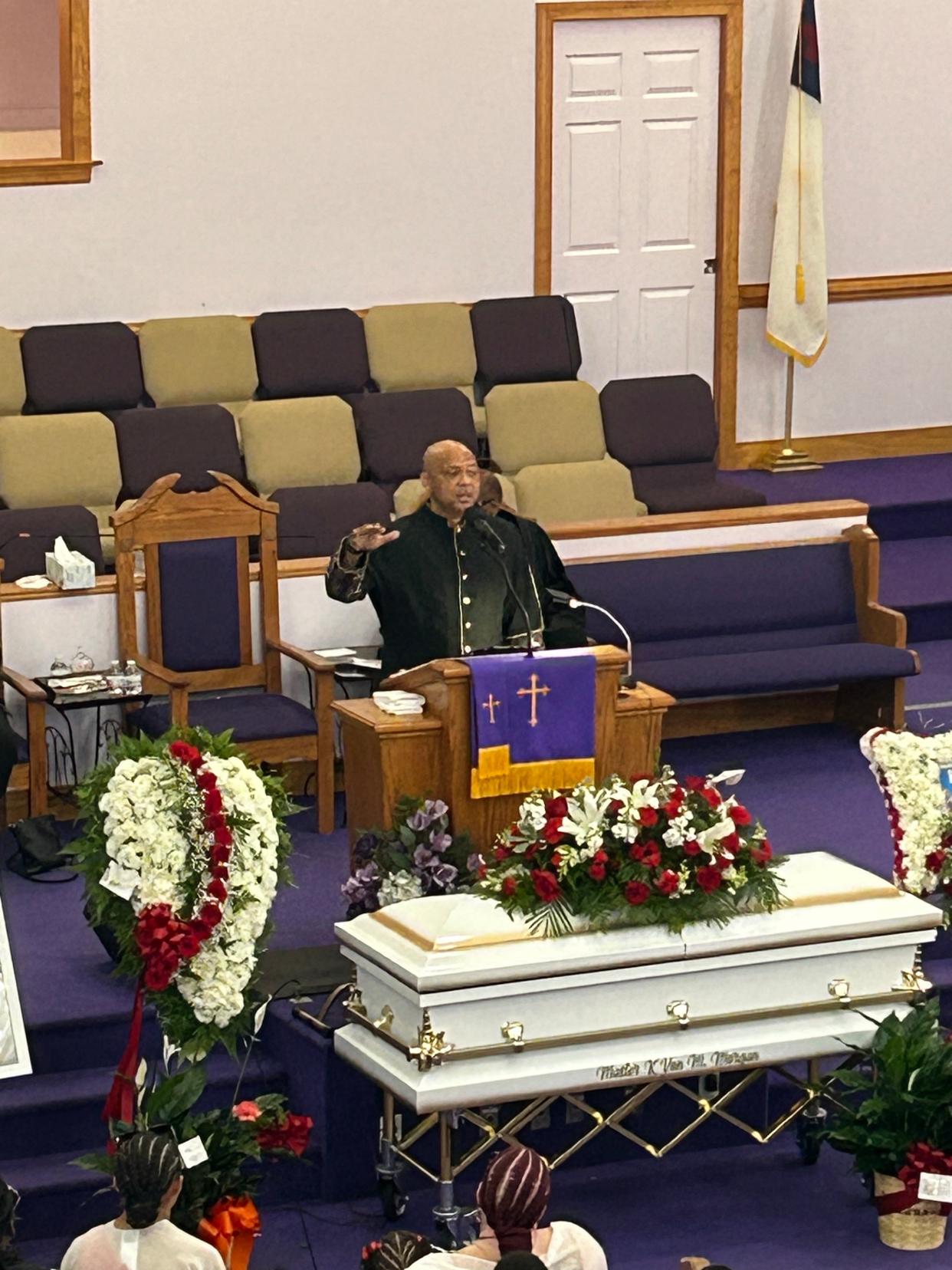 Rev. Lamont Hobbs, pastor of Metropolitan Baptist Church in Petersburg, delivers a eulogy at the funeral for K'Von Martin Thursday, June 29, 2023.