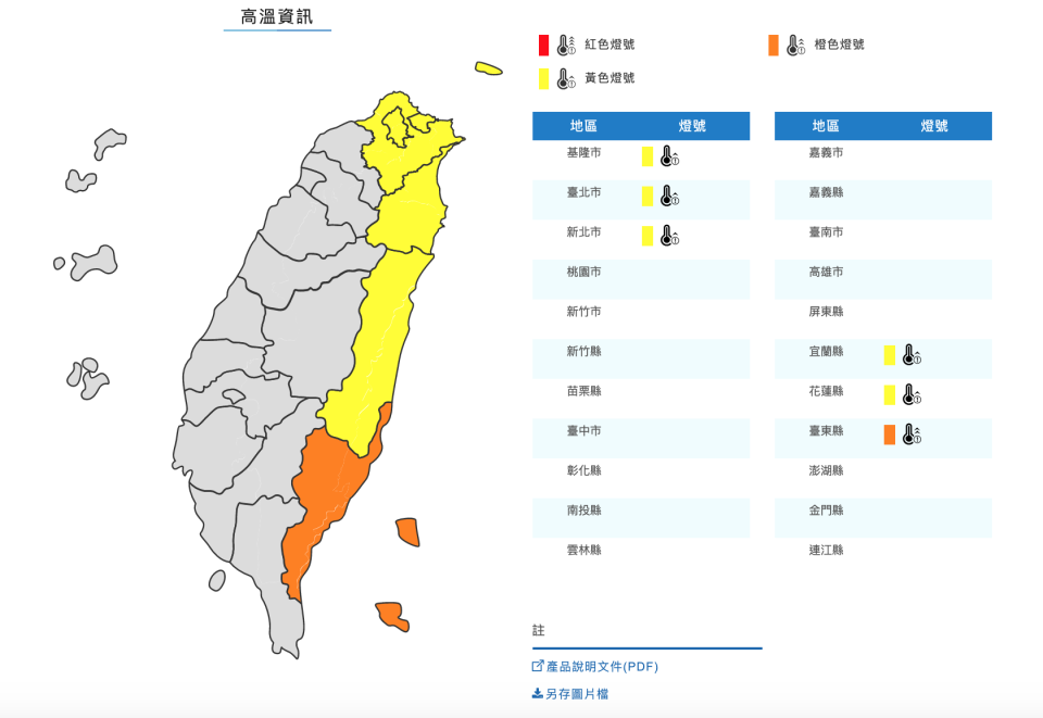 氣象局針對北部、東半部等6縣市發布高溫資訊。（圖／翻攝自中央氣象局）