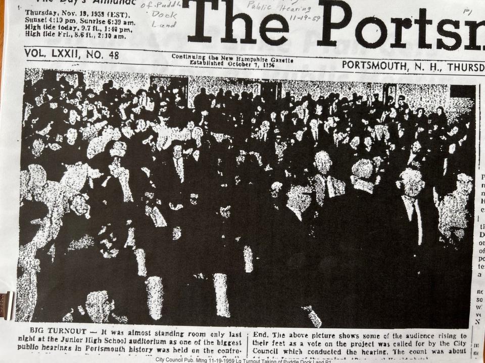 The Portsmouth Herald gave front-page coverage to the 1959 city council hearing at Portsmouth Junior High at which the public showed overwhelming support for taking the Puddle Dock neighborhood by eminent domain as part of the South End Urban Redevelopment Project.