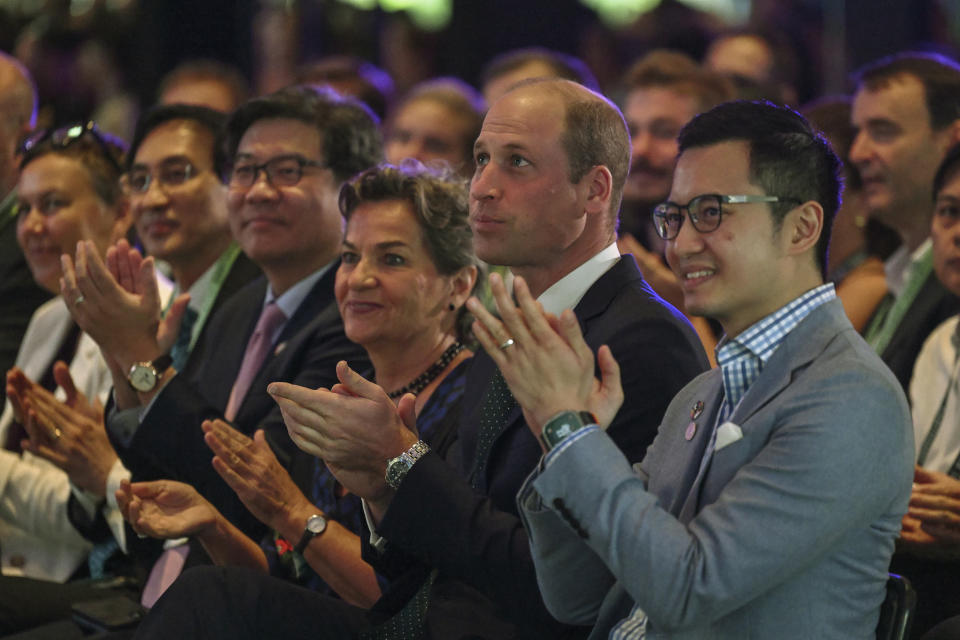 Britain's Prince William, second right in front row, attends the Earthshot+ Summit at Park Royal Pickering in Singapore Wednesday, Nov. 8, 2023. The Prince of Wales is on a four-day visit to Singapore, where he attended the Earthshot Prize 2023 that aims to reward innovative efforts to combat climate change. (Mohd Rasfan/Pool Photo via AP)