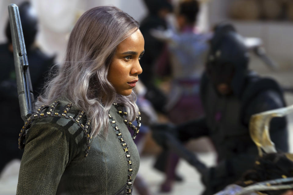 This image released by Disney shows Zawe Ashton as Dar-Benn in a scene from "The Marvels." (Laura Radford/Disney-Marvel via AP)