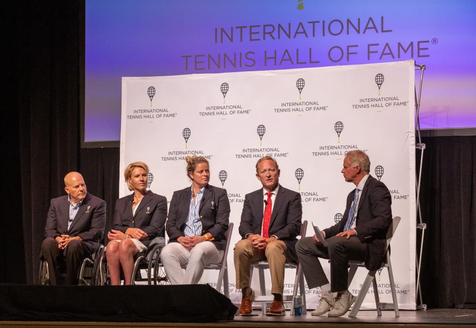 International Tennis Hall of Fame inductees Rick Draney, left, and Esther Vergeer, second from left, attend the press conference at the Hall of Fame in Newport on Saturday.