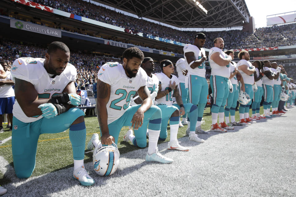 The Miami Dolphins could suspend players who kneel during the national anthem in the pregame. (AP)