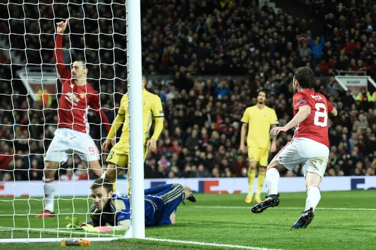 Manchester United's Juan Mata (right) scored the only goal in the Europa League victory over FC Rostov at Old Trafford stadium on March 16, 2017