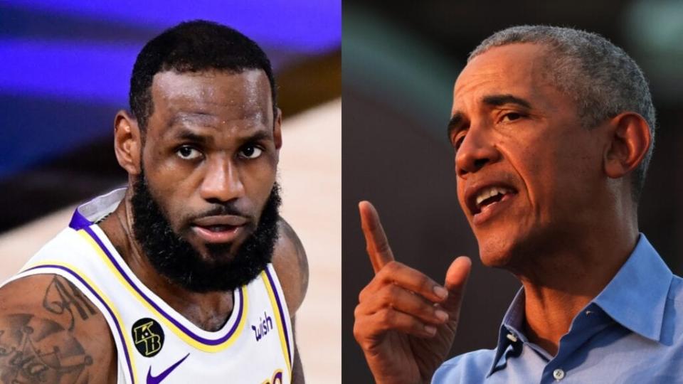 LeBron James of the Los Angeles Lakers and former President Barack Obama sat down for an interview as part of James’ <br>“More Than a Vote” initiative, which has helped register tens of thousands of voters and poll workers. <br>(Photos by Douglas P. DeFelice/Getty Images and Michael M. Santiago/Getty Images)