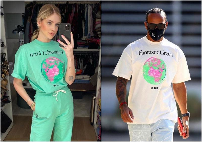 （左起）時尚部落客始祖Chiara Ferragni、F1賽車冠軍Lewis Hamilton，皆穿著MSGM Fantastic Green系列服裝。（藍鐘）