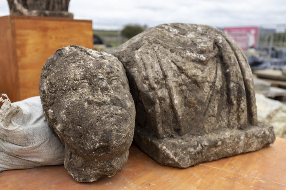 Male head and torso of Roman statue discovered during a HS2 archaeological dig at the site of old St Mary's church in Stoke Mandeville, Buckinghamshire. / Credit: HS2