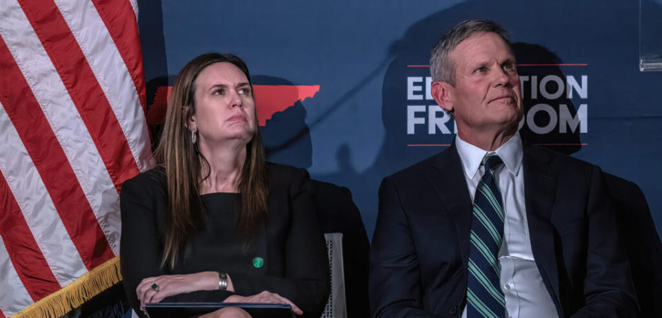 Gov. Bill Lee with Arkansas Gov. Sarah Huckabee Sanders in Nashville on Nov. 28, 2023, for Lee's announcement he will push to provide private school vouchers statewide. (Photo: John Partipilo)