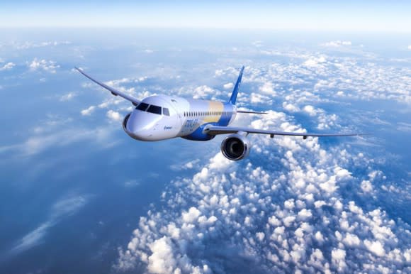 An Embraer E195-E2 test aircraft in flight