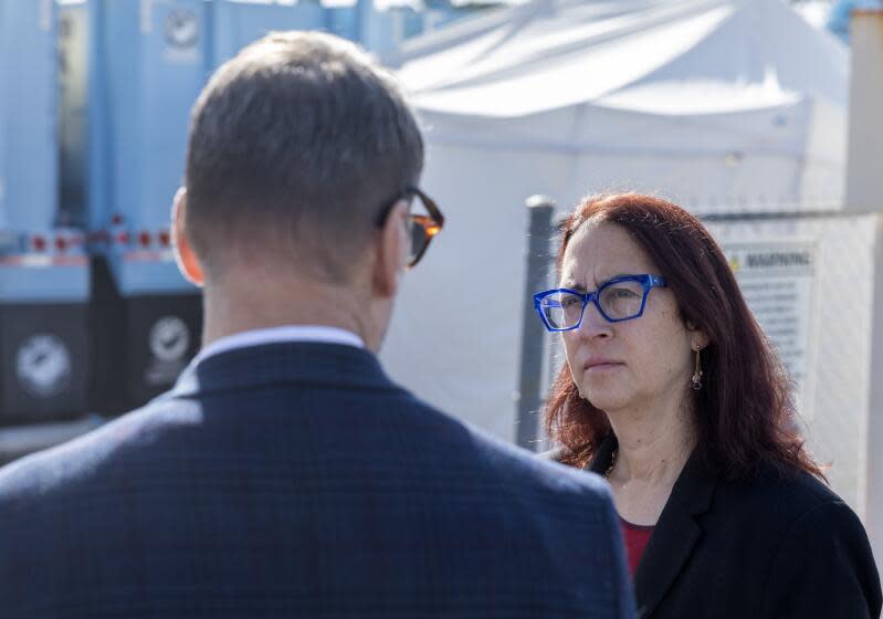 BURBANK, CA- MARCH 27: Assemblymember Laura Friedman gets a tour of the Valley Pumping Plant in Burbank, CA with Richard Wilson, asst. general manager of Burbank Water on Wednesday, March 27, 2024. Friedman is in a runoff against a Republican opponent for Rep. Adam Schiff's seat. She has the advantage in a heavily Democratic district. (Myung J. Chun / Los Angeles Times)