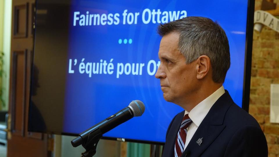 Ottawa Mayor Mark Sutcliffe called a news conference Aug. 8, 2024 to talk about what he called a financial crisis in the city.