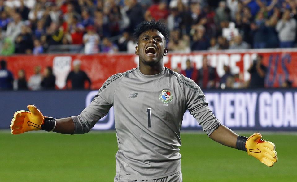 Panama goalkeeper Eddie Roberts (1) shouts in frustration after giving up a goal to United States defender Walker Zimmerman during the second half of a men's international friendly soccer match, Sunday, Jan. 27, 2019, in Phoenix. The United States defeated Panama 3-0. (AP Photo/Ross D. Franklin)