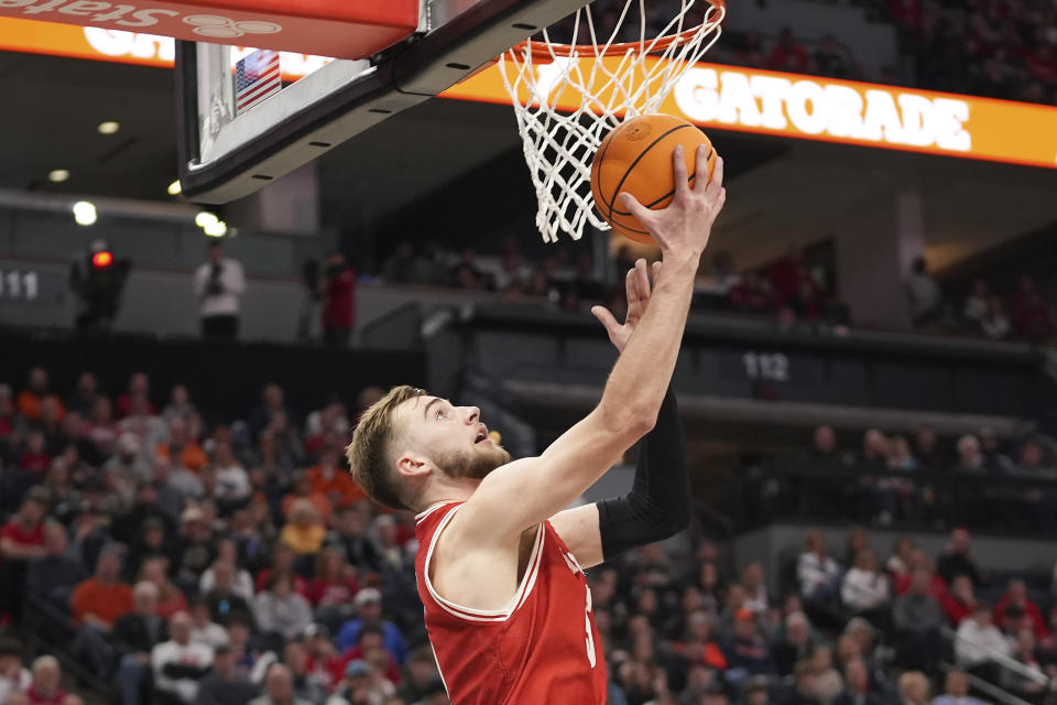 Wisconsin forward Tyler Wahl shoots during the second half of an NCAA college basketball game against Purdue in the semifinal round of the Big Ten Conference tournament, Saturday, March 16, 2024, in Minneapolis. (AP Photo/Abbie Parr)