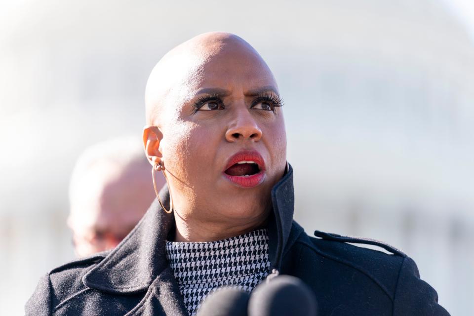 Rep. Ayanna Pressley, D-Mass., speaks at a news conference on Capitol Hill in Washington, Thursday, Feb. 4, 2021, about plans to reintroduce a resolution to call on President Joe Biden to take executive action to cancel up to $50,000 in debt for federal student loan borrowers.