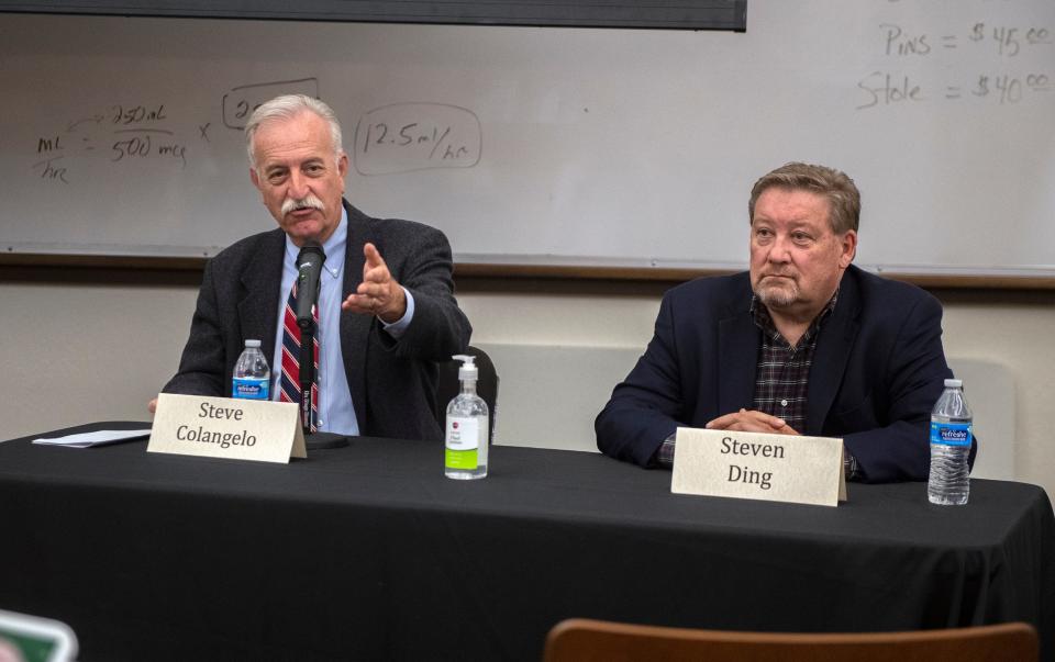 Steve Coangelo, left, and Steven Ding participate in a candidates forum for San Joaquin. County supervisor, District 4, at the South Forum at San Joaquin Delta College in Stockton on Sept. 21, 2022.