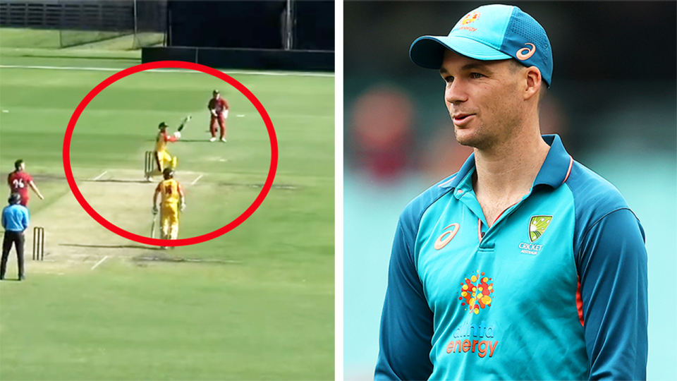 Peter Handscomb (pictured right) in training and (pictured left) Handscomb injured during a cricket game.