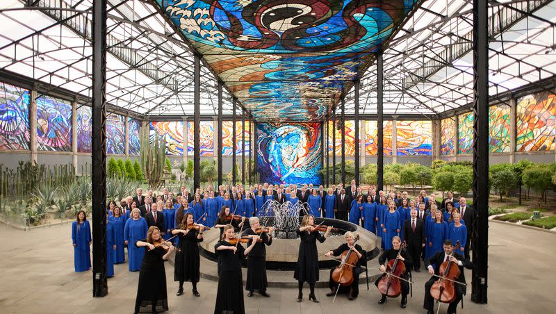 Choir and orchestra members record a music video at the Cosmovitral, stained glass mural and botanical garden, in Toluca, Mexico on Wednesday, June 14, 2023. The Tabernacle Choir and Orchestra at Temple Square visited Mexico City, where they formally kicked off their “Hope” world tour. The tour marks a new approach in touring for the choir, under its expanded mission to “reach people throughout the world” with humanitarian outreach, interfaith collaborations and cultural connections.”