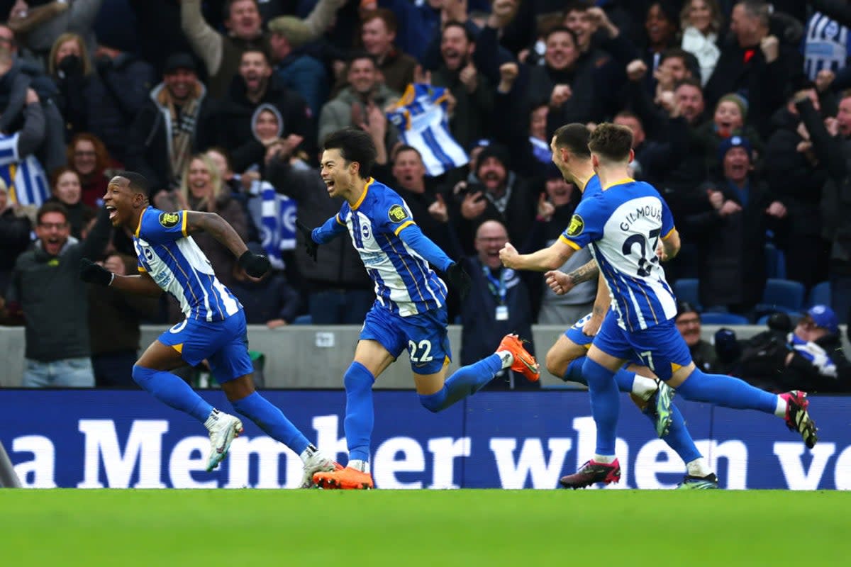 Brighton’s Kaoru Mitoma, centre, scored the winner against Liverpool in the FA Cup fourth round  (Getty Images)