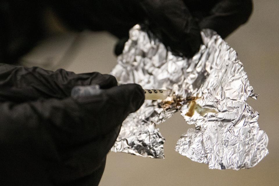 ART police officer Eric Hofstein displays the Fentanyl he confiscated while patrolling the Civic Center Station BART platform in San Francisco, Calif. Friday, Nov. 20, 2020. California Gov. Gavin Newsom announced Friday, April 21, 2023, that the state highway patrol and state national guard will provide additional personnel and resources to help San Francisco battle its worsening fentanyl drug crisis. The announcement highlights a serious concern in the city where Newsom was once mayor. | Jessica Christian, San Francisco Chronicle via Associated Press