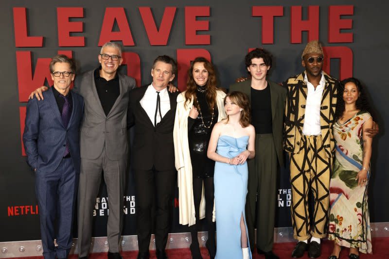 Kevin Bacon, Sam Esmail, Ethan Hawke, Julia Roberts, Farrah Mackenzie, Charlie Evans, Mahershala Ali and Myha'la Herrold, from left to right, attend the New York premiere of "Leave the World Behind" on Monday. Photo by Peter Foley/UPI