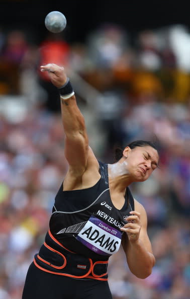 LONDON, ENGLAND - AUGUST 06: Valerie Adams of New Zealand competes in the Women's Shot Put qualification on Day 10 of the London 2012 Olympic Games at the Olympic Stadium on August 6, 2012 in London, England. (Photo by Michael Steele/Getty Images)