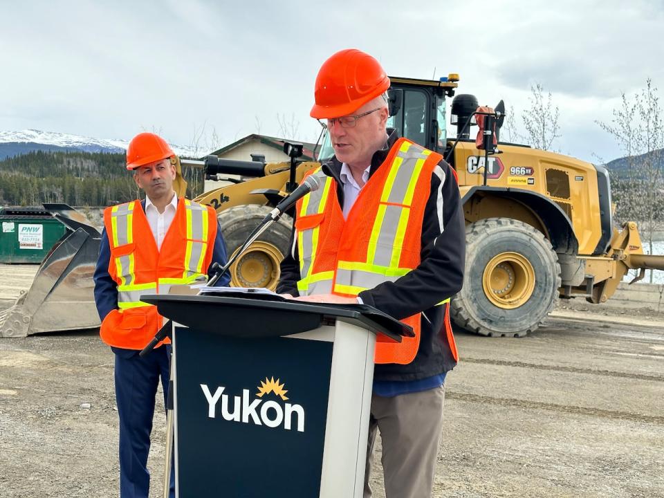 Nils Clarke, the Yukon minister of Highways and Public Works, speaks at a funding announcement for the Alaska Highway at the Whitehorse Grader Station on April 23.