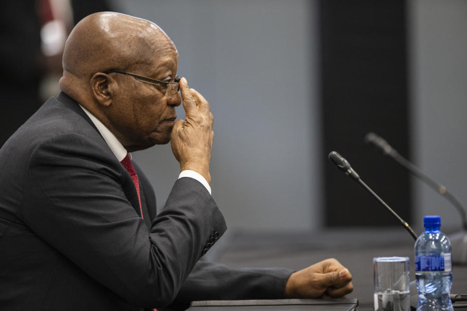 Former South Africa President Jacob Zuma appears before a commission probing allegations of corruption during his tenure as the country's leader as president from 2009 until 2018, in Johannesburg Monday July 15, 2019. Zuma was forced to resign by his ruling African National Congress party over widespread reports of corruption and was replaced by his then deputy Cyril Ramaphosa. (Pool Photo via AP)