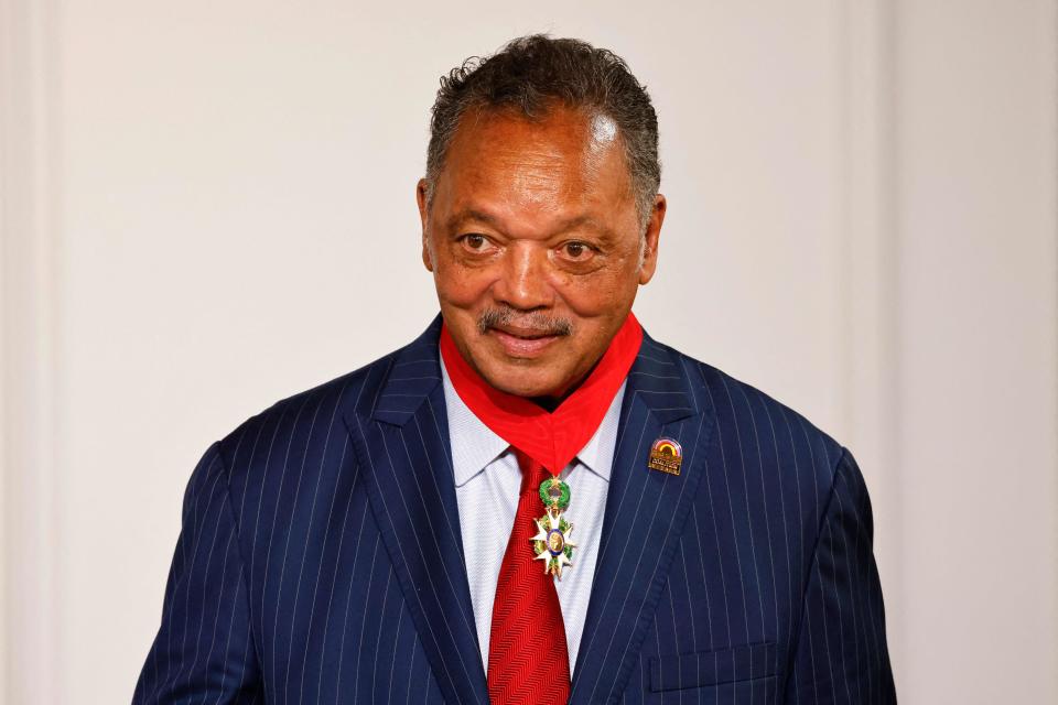 In this file photo taken on July 19, 2021 veteran American civil rights activist Reverend Jesse Jackson looks after being awarded with the Legion of Honour by French President at the Elysee Palace in Paris. 