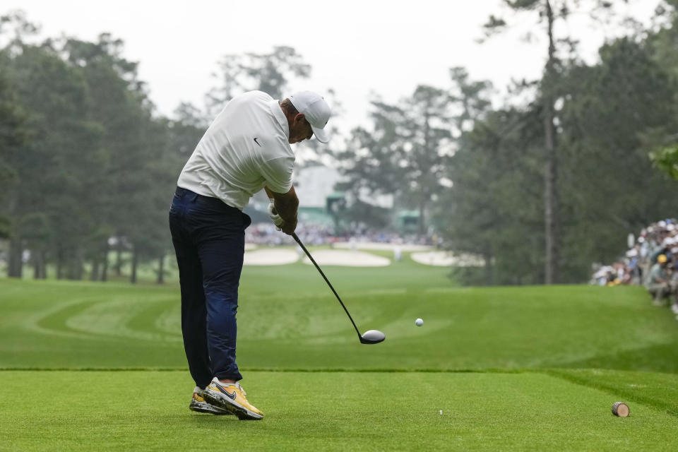 Brooks Koepka hits his tee shot on the seventh hole during the second round of the Masters golf tournament at Augusta National Golf Club on Friday, April 7, 2023, in Augusta, Ga. (AP Photo/Jae C. Hong)