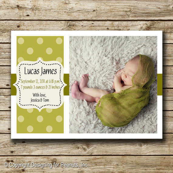 (Etsy/<a href="http://www.etsy.com/listing/87441488/polka-dot-birth-announcement-in-any?utm_campaign=Share&utm_medium=PageTools&utm_source=Pinterest">designingforpeanuts</a>, $15)