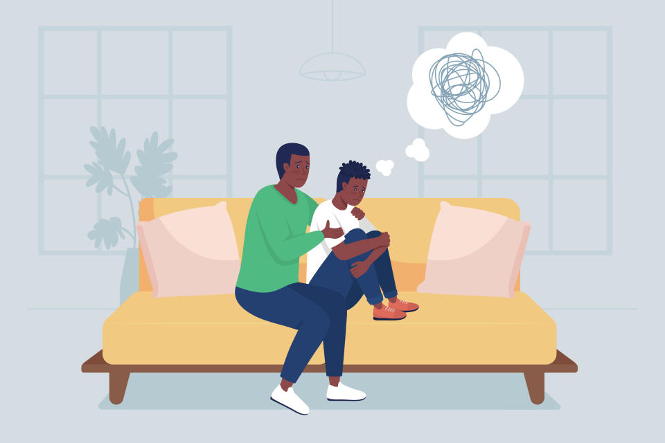 Father support teen son flat color vector illustration. Mental health problems. Dad counseling teenager with depressing thoughts. Family 2D cartoon characters with home interior on background